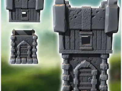 Medieval square stone defense tower with rounded wooden door 12  3D print model purchase