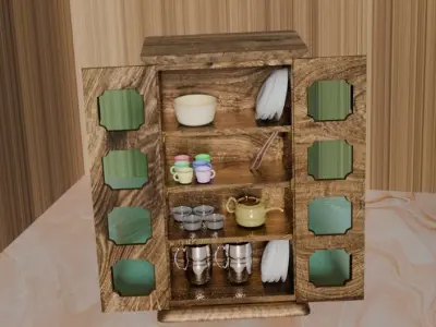 3D Model of Kitchen Crockery Cupboard with Crockery Set Low-poly 3D model