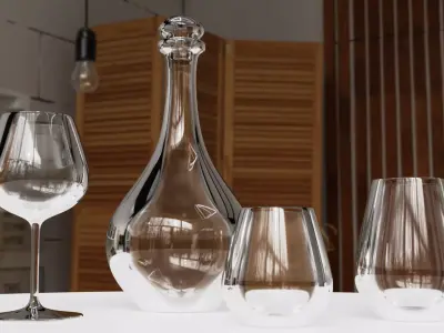 Glass Set wine glasses and decanter on table 3D model