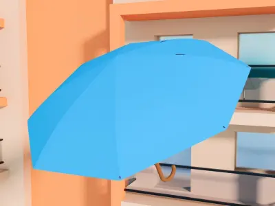 apartment building with umbrella flying in sky Low-poly 3D model