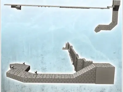 Set of retaining walls of stone banks with set of boats 12 - Wor 3D print model