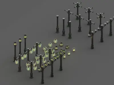 Modular Voxel Street Lights Bundle 3 Styles Clean Rusted Mossy Low-poly 3D model
