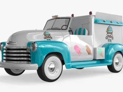  Retro Ice Cream Truck Two-Tone White Blue Rigged for Maya 