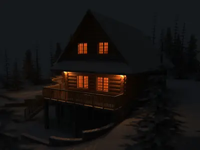 Log House with garage Winter scene 3D model