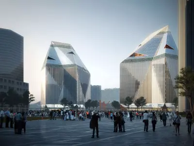 Modern Glass Office Towers Commercial Plaza Exterior 3D model