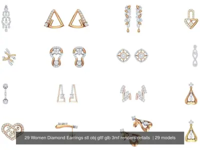 29 Women Diamond Earrings stl obj gltf glb 3mf renders details  3D Model Pack