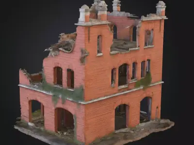 Abandoned Red Brick House 3D Model  Overgrown Post Apocalyptic Low-poly 3D model