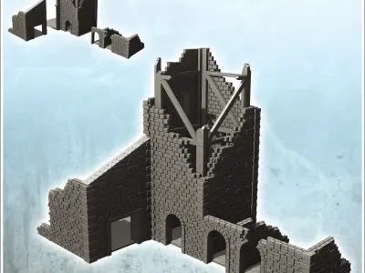 Ruined building with large tower with wooden frame and arches 37 3D print model