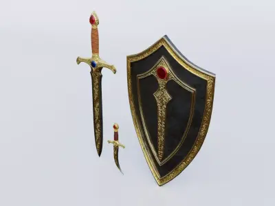 Realistic Game Ready Sword Dagger and Shield Collection Low-poly 3D model