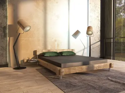 Solid Wood Frame Bed 3D Model - Light Coloured Wood- Game Ready Low-poly 3D model