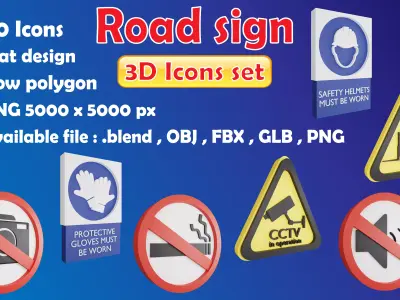 Road sign or Traffic sign 3D icon flat design collection no 5 Low-poly 3D model