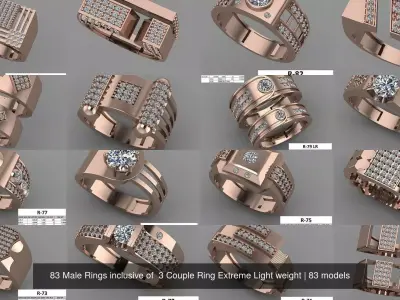 83 Male Rings inclusive of  3 Couple Ring Extreme Light weight 3D Model Pack