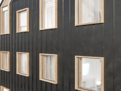 Modern residential facade 02  at night with simple interiors 3D model