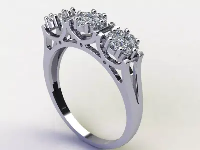 Three Stone Floral Cluster Diamond Ring with Baguette Accents 3D print model