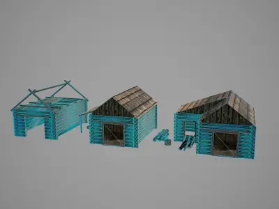 Sawmill three wooden huts Low-poly 3D model