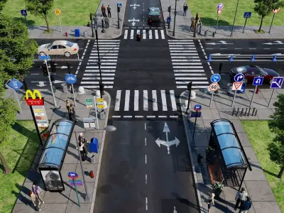 City street intersection scene   road section Low-poly 3D model