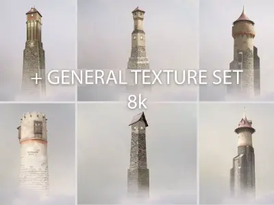 Medieval DRAGON Towers with general texture set 8k Low-poly 3D model