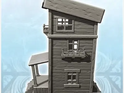 Two-storey medieval wooden building with platform entrance and c 3D print model