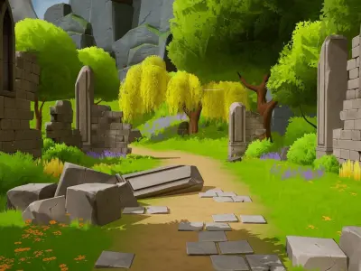Stylized Nature with Ruins Low-poly 3D model