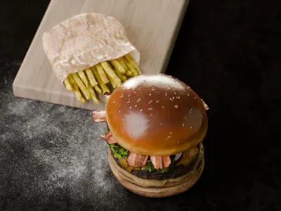 Handcrafted Crispy Cheese Burguer with French Fries 3D model