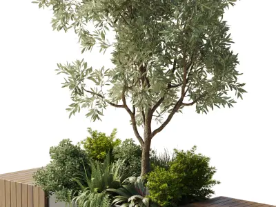 Urban Environment Urban Furniture Green Benches Plants and Tree 3D model