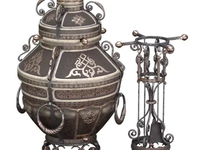 Tandoor ornate urn with fire in it 3D model