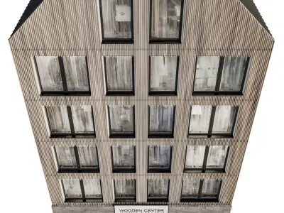 Modern residential facade 03 at night with simple interiors 3D model