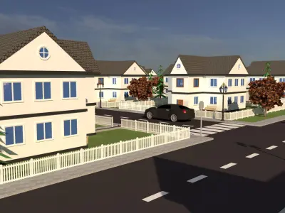 3D Neighborhood Model residential street with houses and fences 3D model