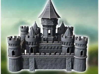 Large medieval castle with concave-roofed keep and imposing surr 3D print model