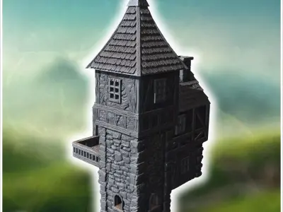 Towered medieval building with a wooden balcony stone base and s 3D print model