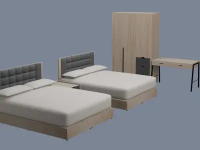 A Twin Bed Room - Light Wood 3D model