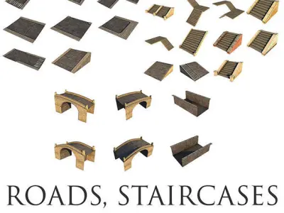 Mid Poly Roads Staircases and Bridges Pack Low-poly 3D model