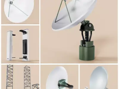 5 different Exterior Telecom Antennas with Modular Telecom Mast 3D Model Pack