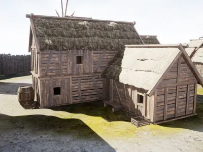 Medieval village wooden houses Low-poly 3D model