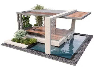 Pergola with water and plants 3D model
