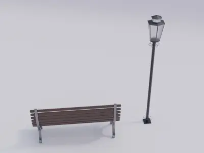 Wooden Bench - Lamp post 3D model