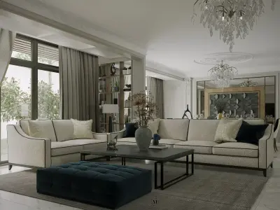 Elegant Modern Classic Open Plan Living  Dining Scene 3D model