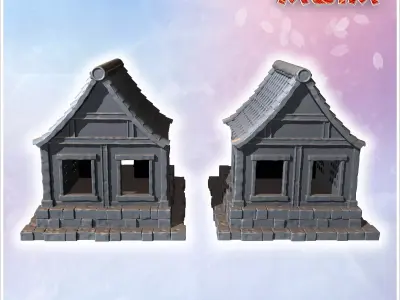 Twin traditional Japanese buildings with stone steps wooden pill 3D print model