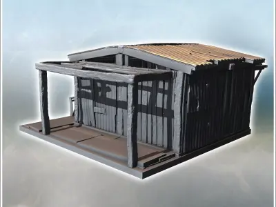 Small corrugated metal hut with damaged roof and wooden supports 3D print model