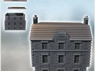 Modern two-story hotel with tiled roof and cut stone and brick w 3D print model