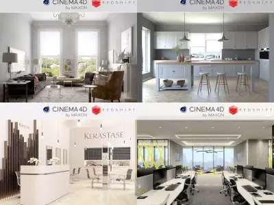 Set 3 - Redshift C4D - 4 x Interior Scenes 3D Model Collection 3D Model Pack