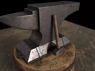 Medieval Anvil and Hammer Low-poly 3D model