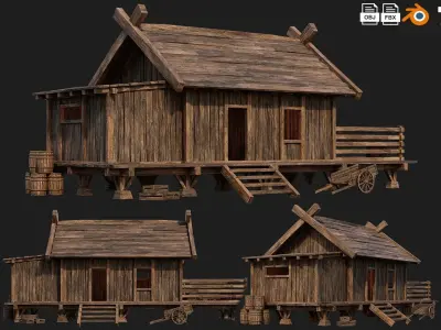 4 Old Building House Pack 4K Texture GameReady 69 to 72 Low-poly 3D model