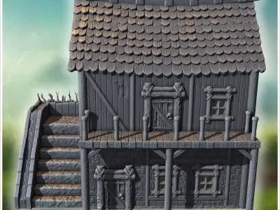 Medieval wooden house with stone foundation detailed stairs and  3D print model