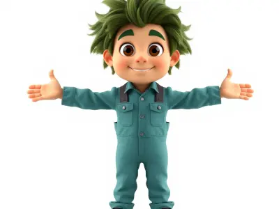 Playful GreenHaired Kid Character in Blue Jumpsuit for D Anim... Low-poly 3D model