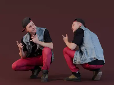Street Style Squat with Denim and Red Pants 3D model