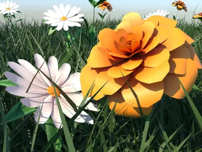 Grass grassy field with orange flowers 3D model