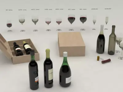 Wine set bottles in wooden box 3D model