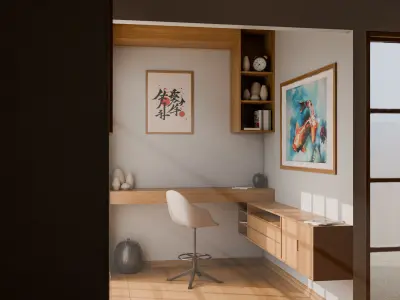 Japanese style room with a desk and chair Low-poly 3D model