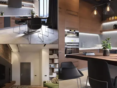 Wooden Kitchen And Living Room 3D model